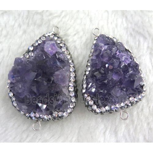 Amethyst druzy connector paved rhinestone, freeform, purple