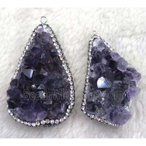 amethyst druzy pendant paved rhinestone, freeform, purple