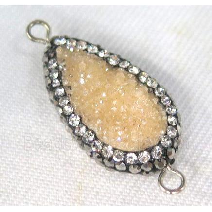 Druzy Quartz connector paved rhinestone, teardrop, gold champagne