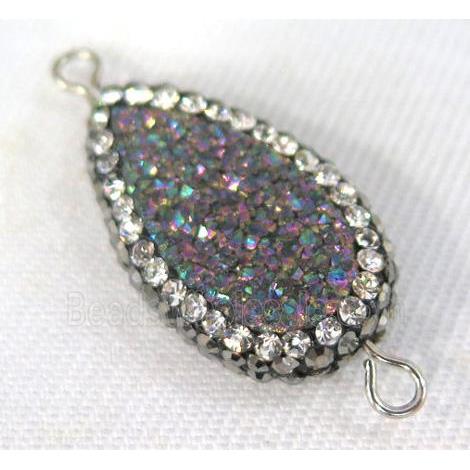 Druzy Quartz connector paved rhinestone, teardrop, rainbow