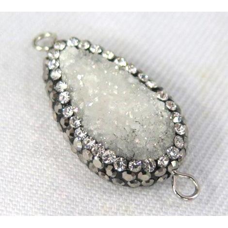 white Druzy Quartz connector paved rhinestone, teardrop