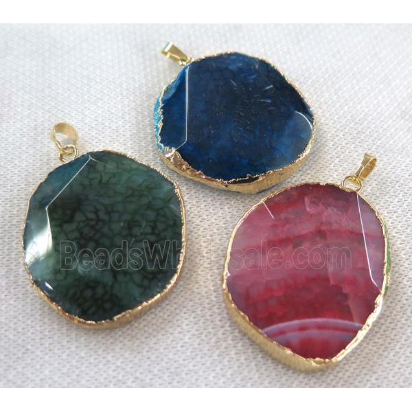 agate slice pendant, faceted freeform, gold plated, mixed color