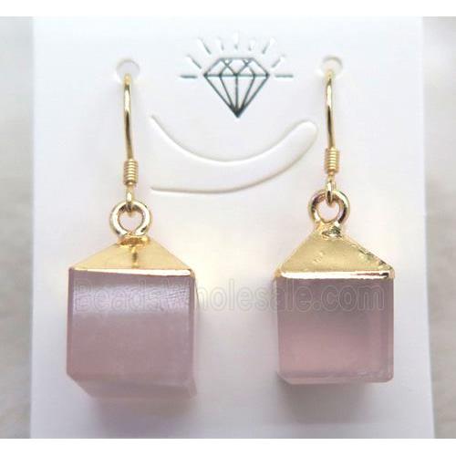 rose quartz cube earring, gold plated