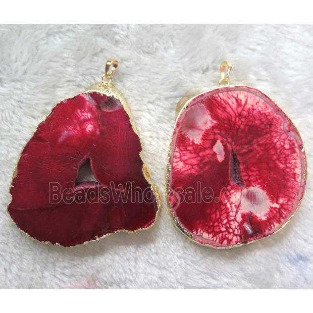 red Agate druzy slice pendant, freeform, gold plated