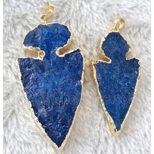 quartz arrowhead pendant, blue dye, gold plated