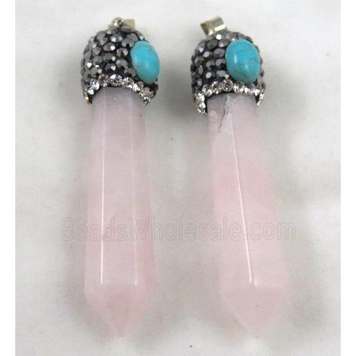 rose quartz pendant paved rhinestone, stick