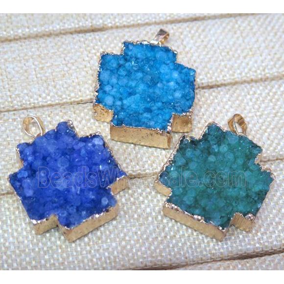 druzy quartz cross pendant, mix color, gold plated