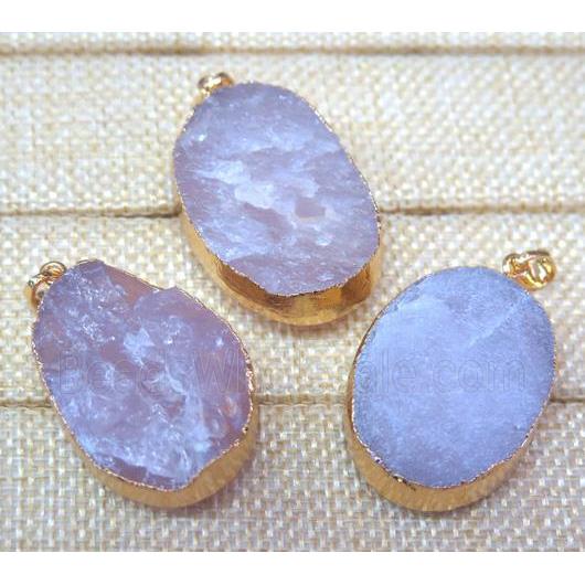 rose quartz oval pendant, rough, gold plated