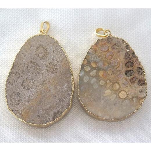 coral fossil slice pendant, freeform, gold plated