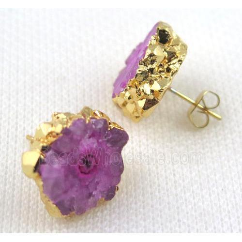 hotpink Solar Quartz druzy earring studs, copper, gold plated