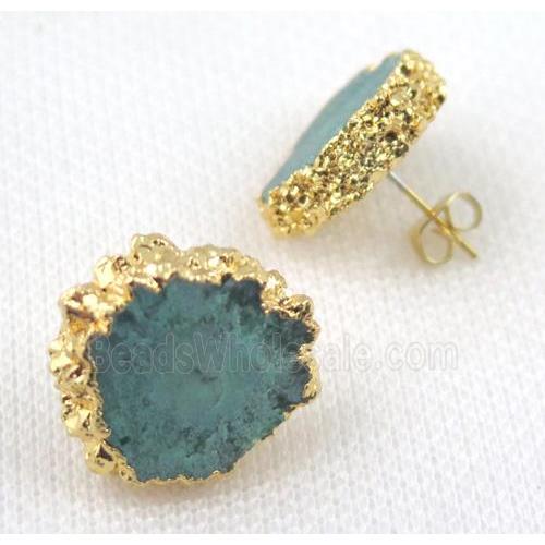 green Solar Quartz druzy earring studs, copper, gold plated