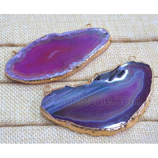 hotpink agate slice pendant with 2loops, freeform, gold plated