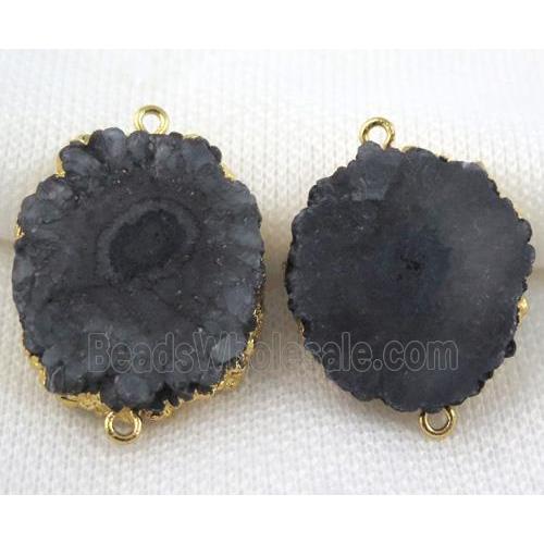 black Solar Quartz druzy slice connector, freeform, gold plated