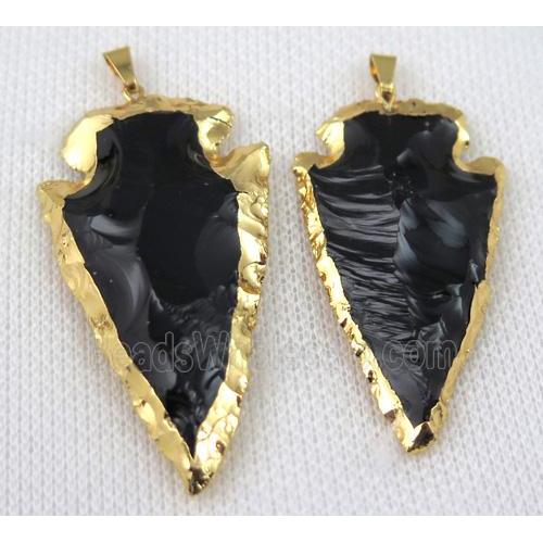 hammered agate onyx arrowhead pendant, black, gold plated