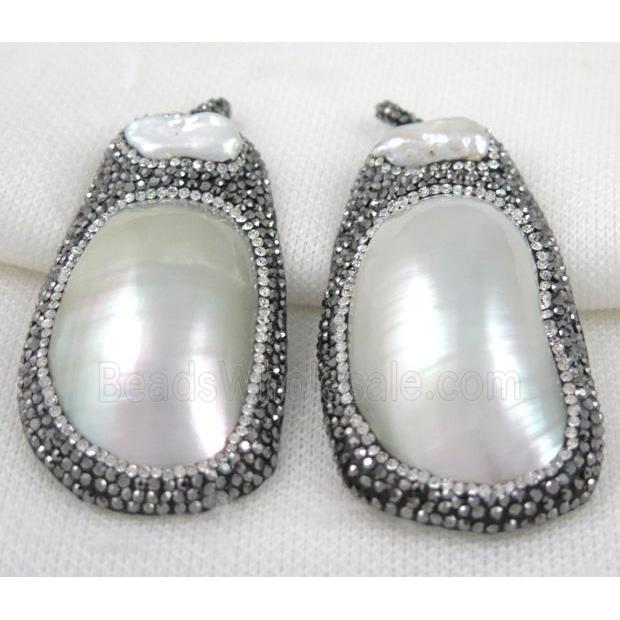 white Pearl shell pendant paved rhinestone, freeform