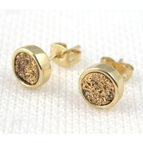golden druzy agate earring studs, copper, gold plated