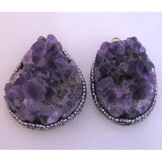 amethyst druzy pendant pave rhinestone, freeform