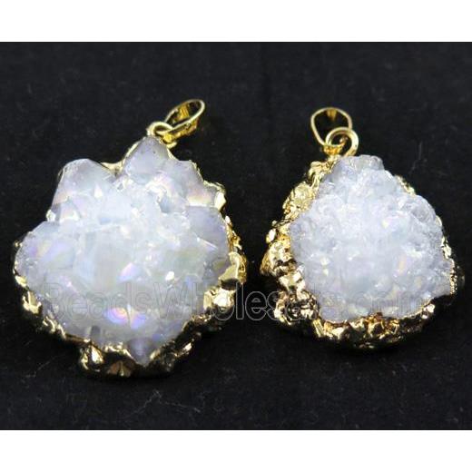 druzy quartz pendant, white AB-color, freeform, gold plated