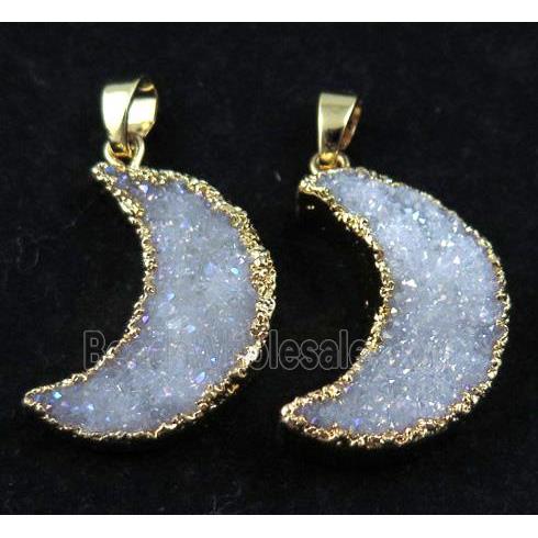 Druzy Quartz pendant, white AB-color, crescent moon shape, gold plated