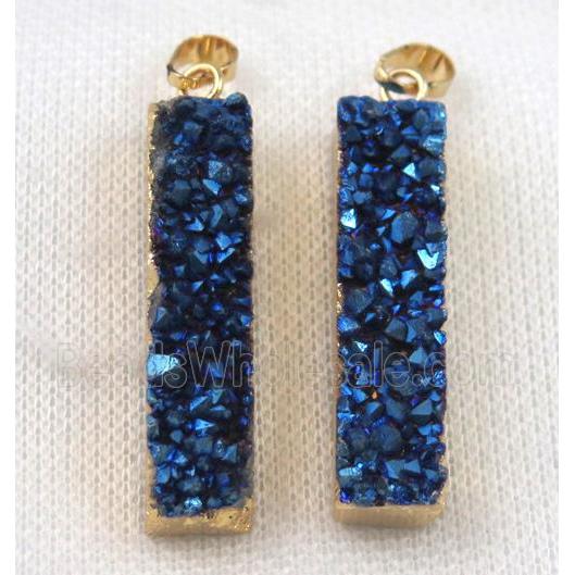 druzy quartz pendant, blue, rectangle, gold plated