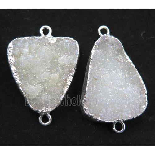 Fluorite druzy connector, white, freeform, silver plated