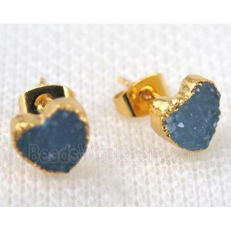 blue agate druzy heart earring stud, copper, gold plated