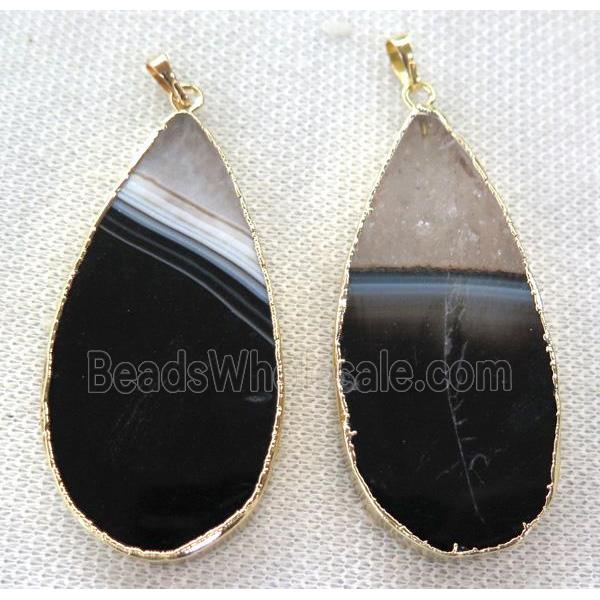 black agate pendant white druzy, teardrop, gold plated