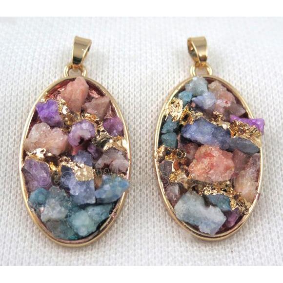 Fluorite pendant, oval, copper, gold plated