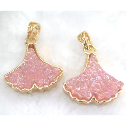 druzy resin pendant, leaf, gold plated