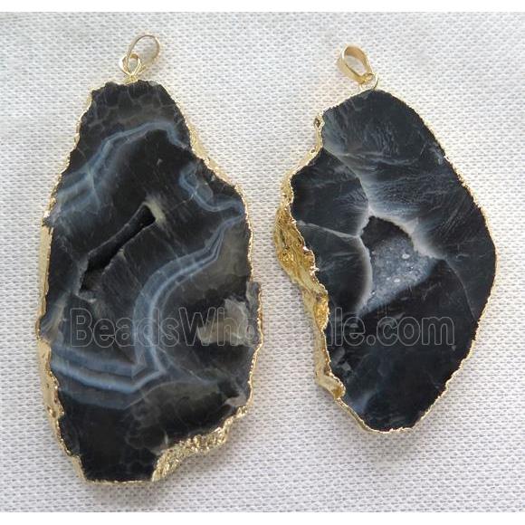 black agate slice pendant with geode, freeform, gold plated
