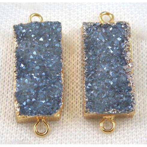 grayblue druzy quartz connector, rectangle, gold plated