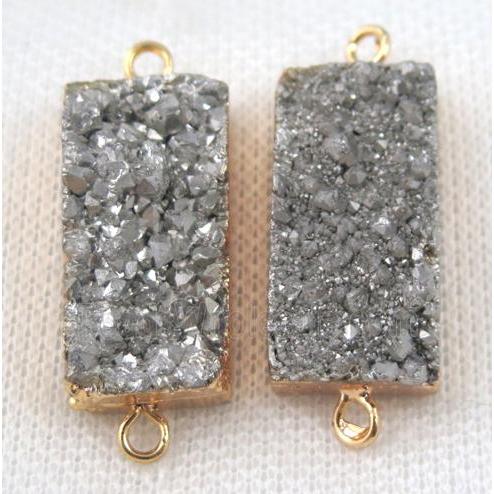 silver druzy quartz connector, rectangle, gold plated