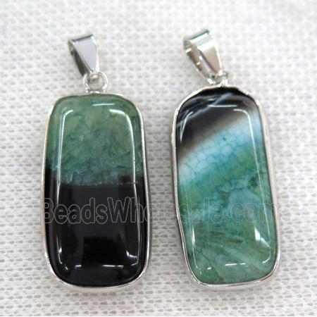 green druzy agate pendant, rectangle, silver plated