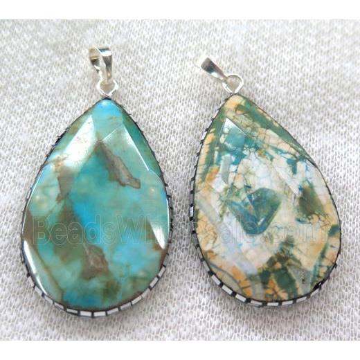 green Dragon veins Agate pendant pave silver foil, faceted teardrop