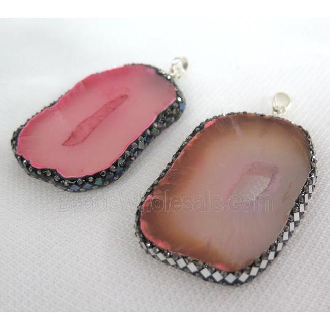 pink agate druzy geode slice pendant paved foil, rhinestone, freeform
