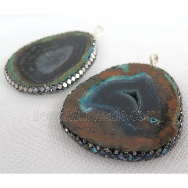 Opal Jasper slice pendant paved foil, rhinestone, freeform