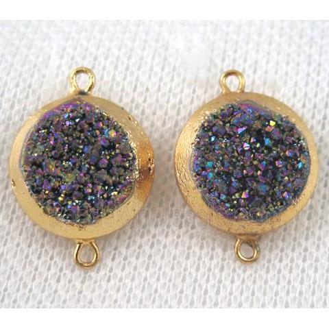 rainbow druzy quartz connector, flat round, gold plated