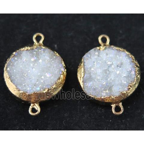 white AB-color druzy quartz connector, flat round, gold plated