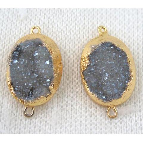 light blue-gray druzy quartz connector, oval, gold plated