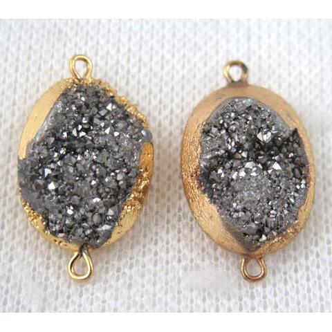 silver druzy quartz connector, oval, gold plated
