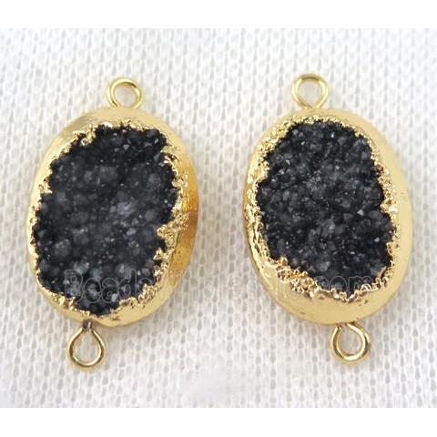 black druzy quartz connector, oval, gold plated