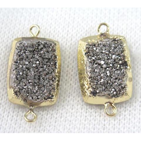 silver druzy quartz connector, rectangle, gold plated