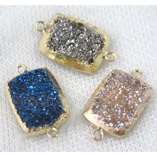 druzy quartz connector, mix color, rectangle, gold plated