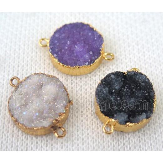 mixed druzy quartz connector, flat round, gold plated