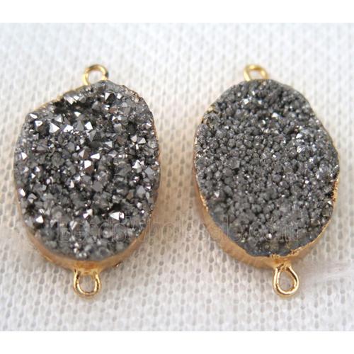 silver druzy quartz connector, oval, gold plated