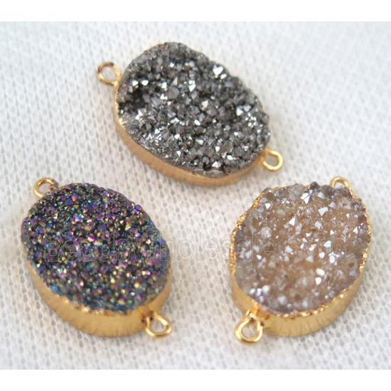 druzy quartz connector, mixed color, oval, gold plated