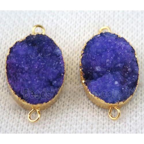 purple druzy quartz connector, oval, gold plated
