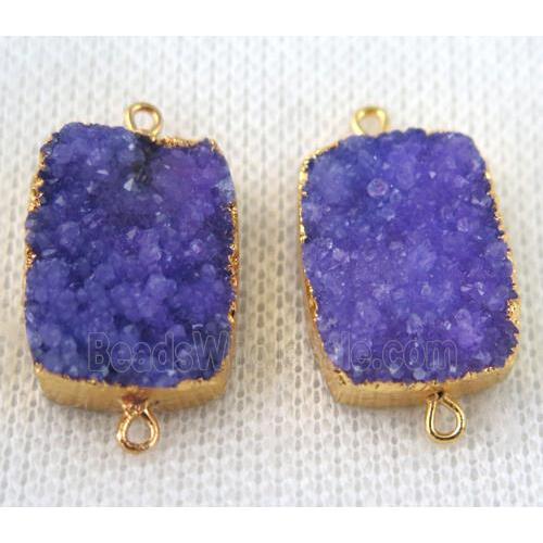 purple druzy quartz connector, rectangle, gold plated