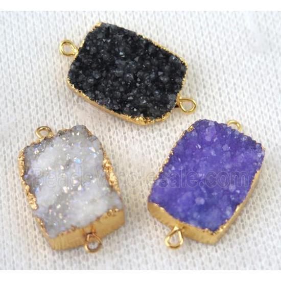 mixed druzy quartz connector, rectangle, gold plated