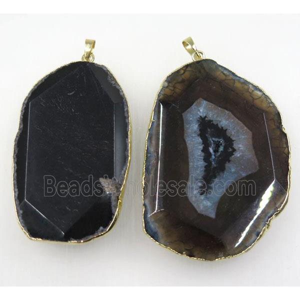 black agate druzy slice pendant, faceted freeform, gold plated